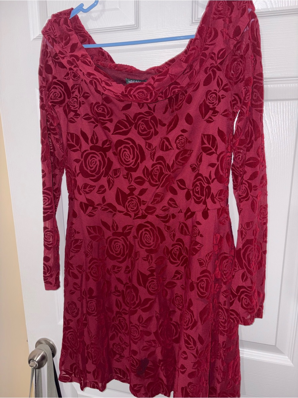 wild fable Rose-Print Long Sleeve Velvet Dress - Burgundy